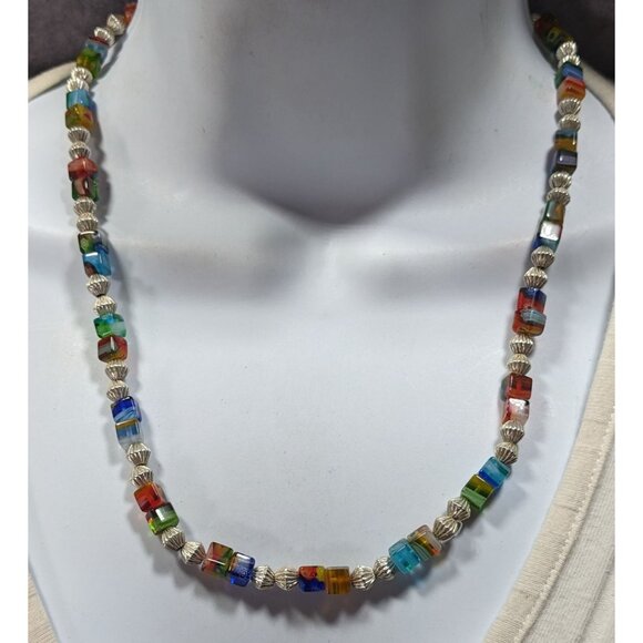 Millefiori Glass Cube And Silver Tone Beaded Necklace - Picture 2 of 6